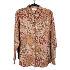 Lemon Grass Paisley Napped Button Up Shirt L VTG Pink Brown Camp Boho Earthy